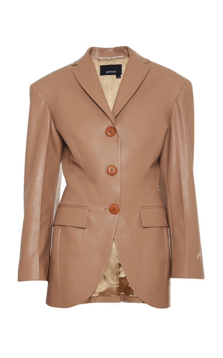 Moda Operandi Anouki Beige Vegan Leather Slim Waist Single Breasted Blazer