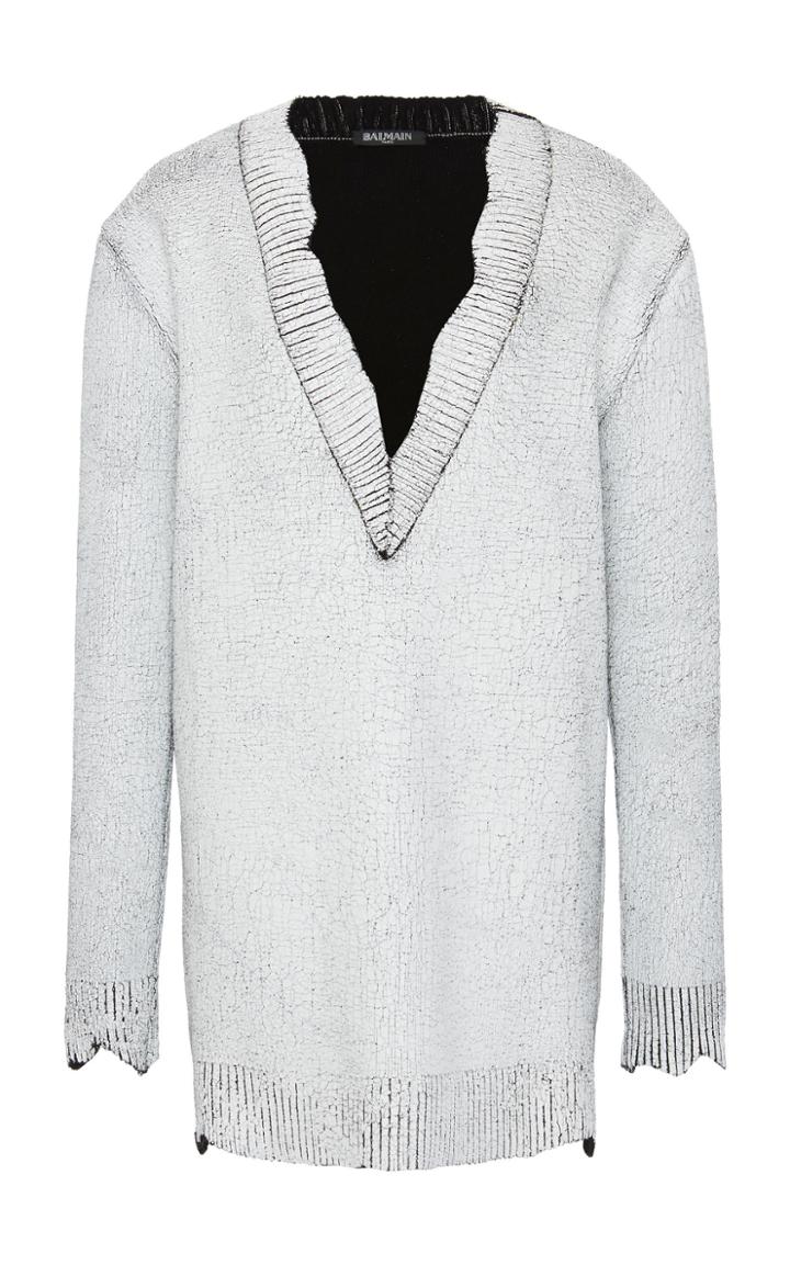 Balmain V-neck Ribbed-knit Plaster Sweater Dress