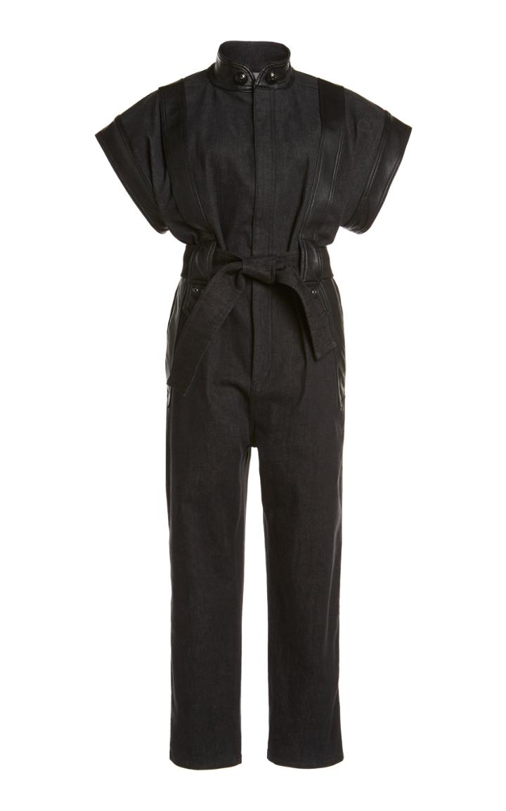 Moda Operandi Dundas Belted Leather-trimmed Denim Jumpsuit