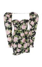 Alessandra Rich Rose Print Silk Taffeta Puff-sleeve Mini Dress