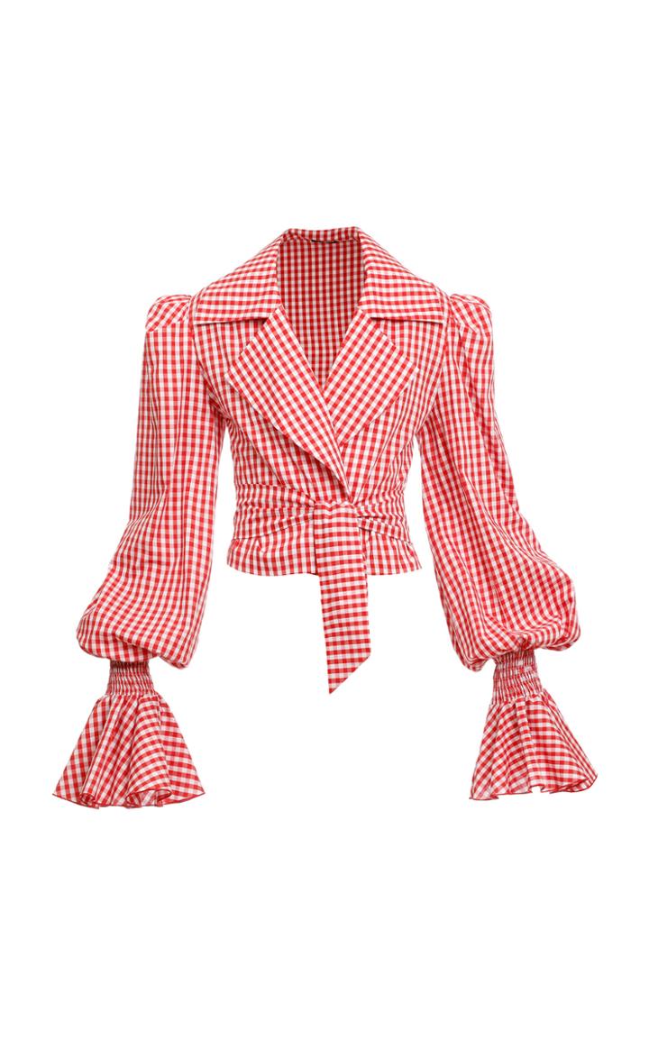 Moda Operandi Balmain Balloon-sleeve Gingham Cotton Wrap Top