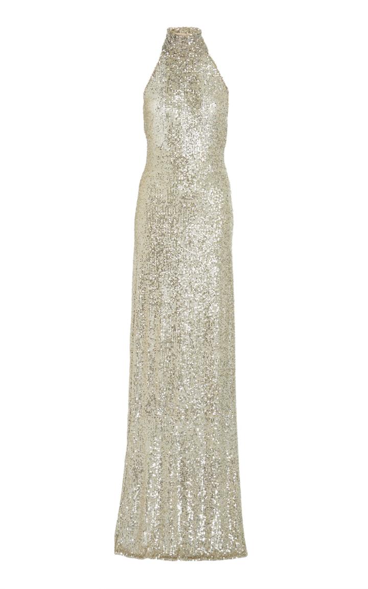 Naeem Khan Sequined Turtleneck Halter Gown
