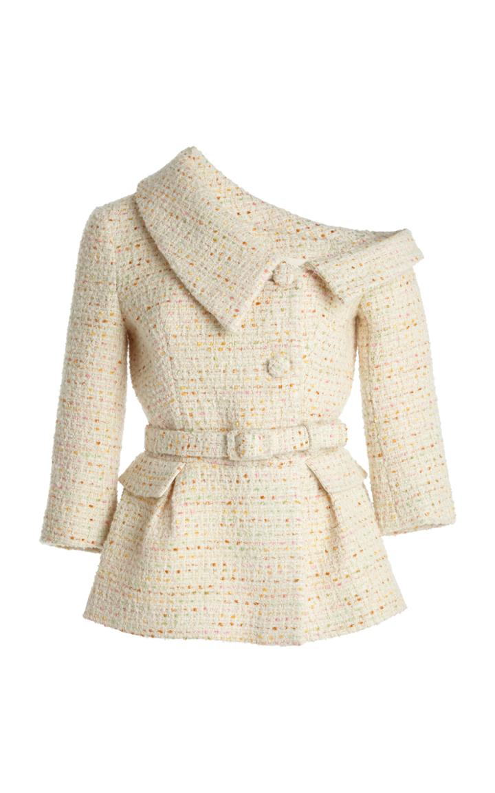 Moda Operandi Huishan Zhang Farrah Belted Tweed Off-the-shoulder Jacket