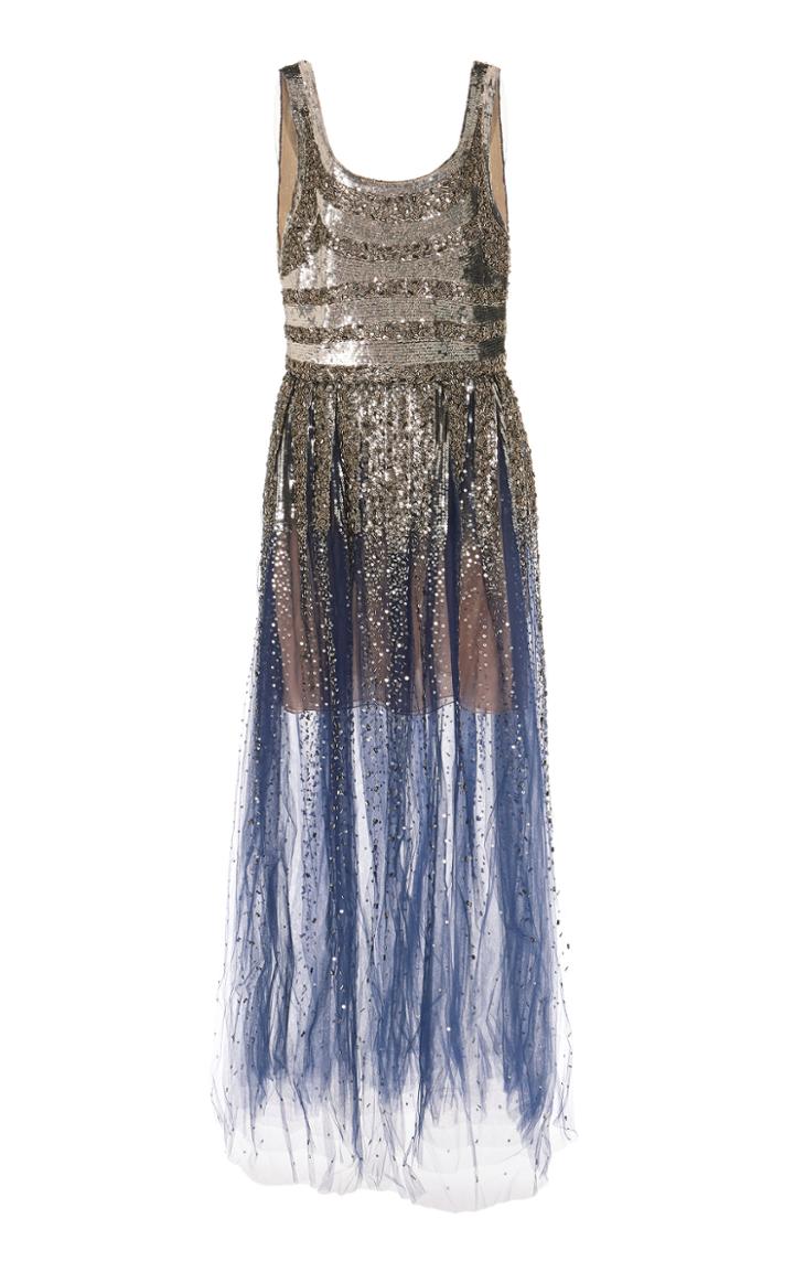 Oscar De La Renta Striped Sequined Tulle Gown