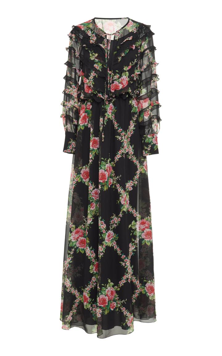 Blumarine Long Sleeve Ruffled Silk Maxi Dress