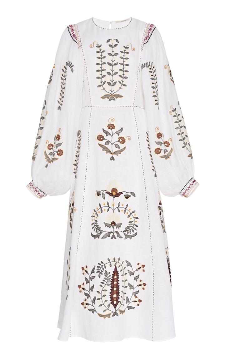 Vita Kin Patchouli Appliqud Embroidered Linen Midi Dress Size: Xs
