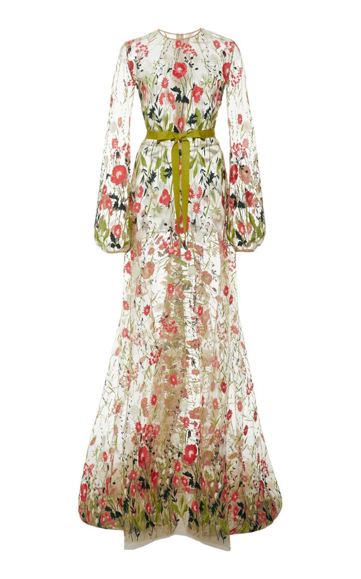 Naeem Khan Tie-detailed Embroidered Chiffon Gown