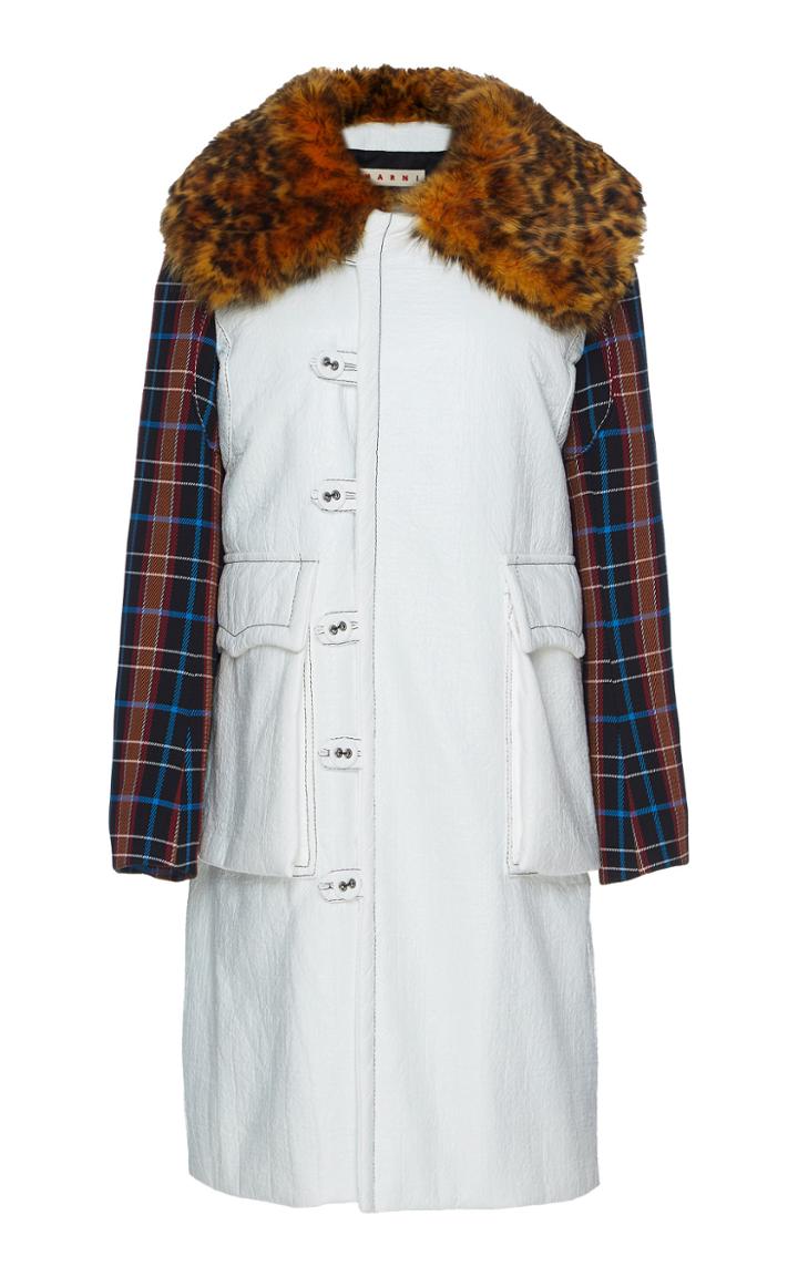 Marni Woven Cotton Coat With Dyed Shearling Collar
