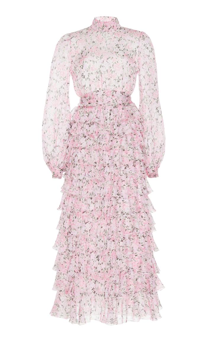 Giambattista Valli Ruffled Floral Print Silk Crepe Gown
