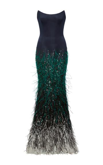 Elizabeth Kennedy Strapless Fitted Gown With Ombre Feather Embroidery
