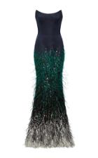 Elizabeth Kennedy Strapless Fitted Gown With Ombre Feather Embroidery