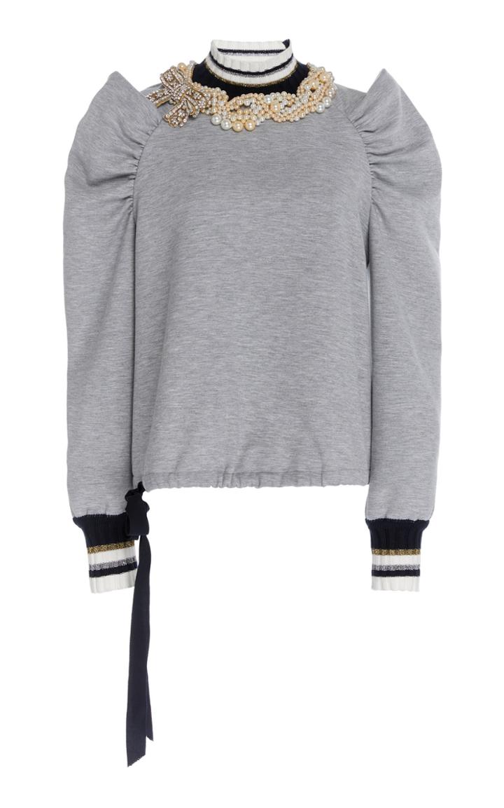 Dice Kayek Pearl Embellished Ruched Shoulder Pull Over