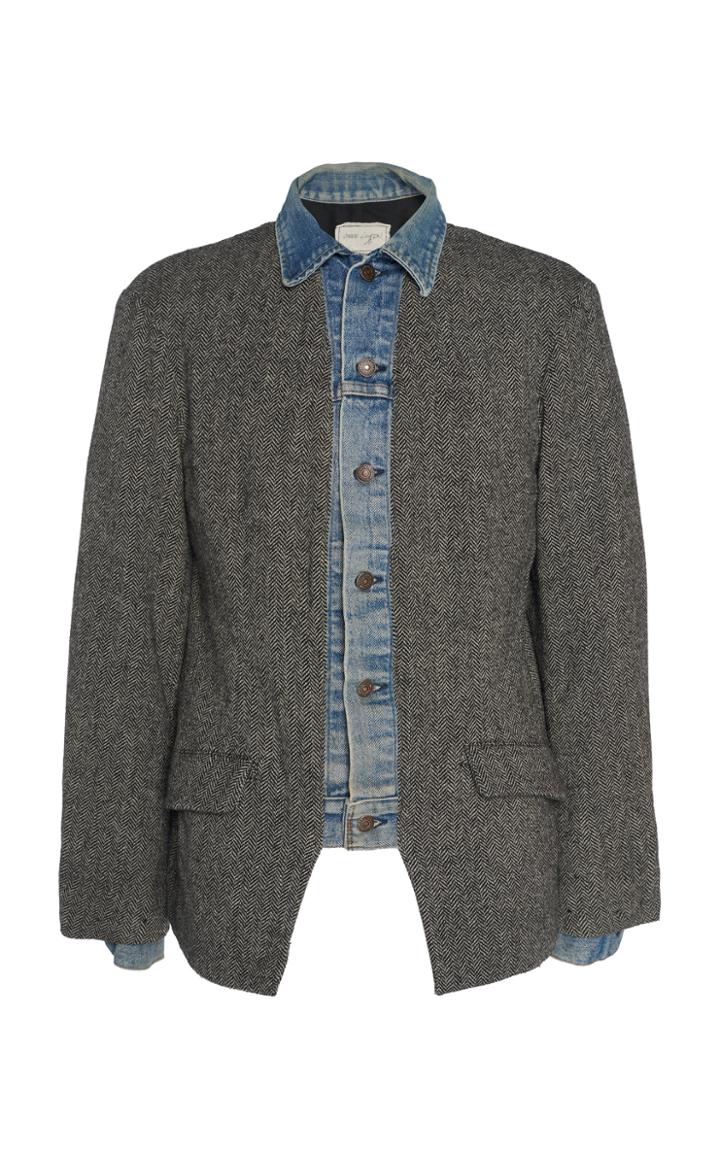 Greg Lauren Denim-trimmed Herringbone Wool Blazer