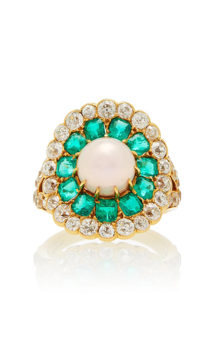 Vintage Marcus & Co Antique Natural Pearl Emerald And Diamond Ring