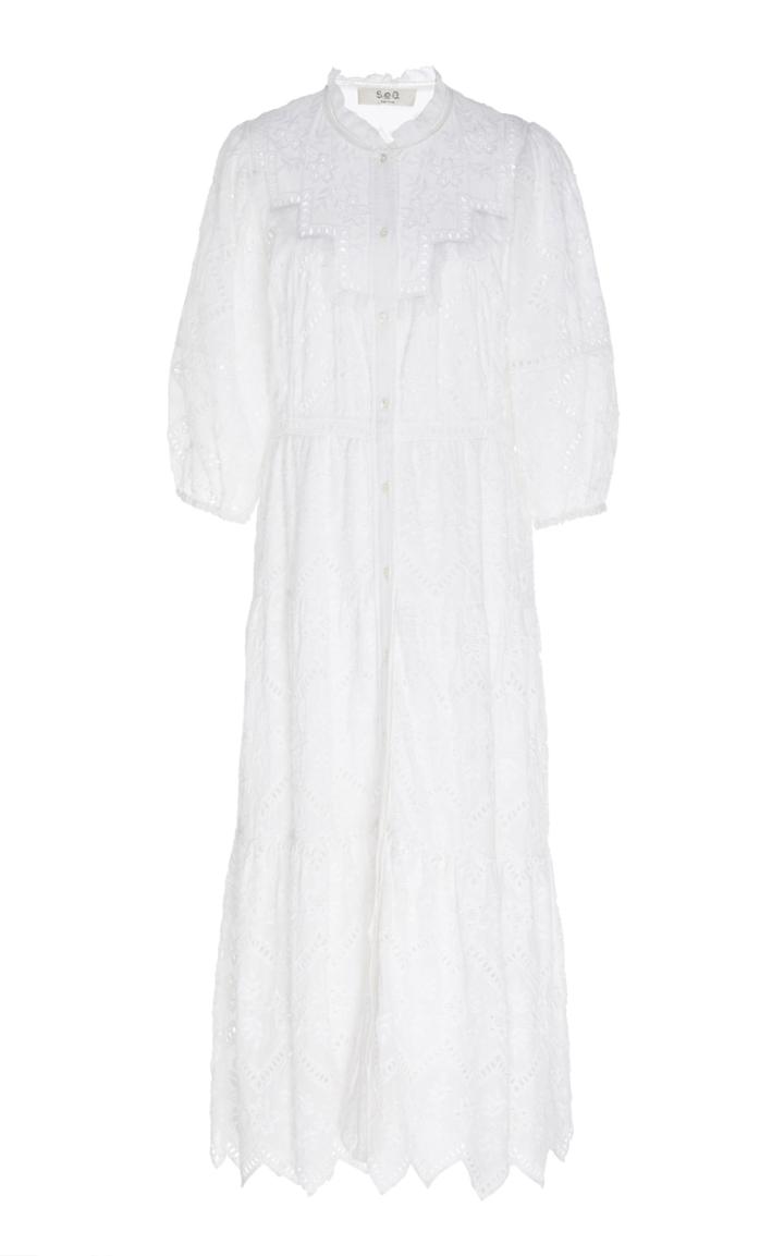 Sea Ruffled Cotton Broderie Anglaise Midi Dress