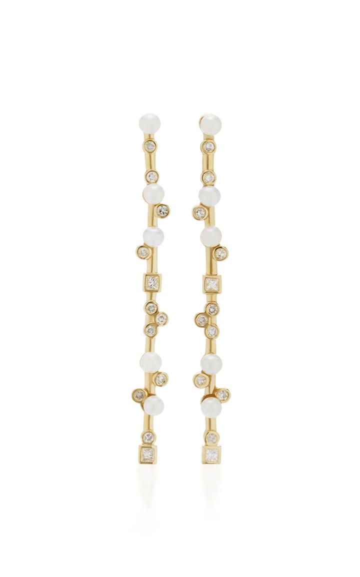 Nancy Newberg Yellow Gold Long Stick Earrings With Pearls And Diamonds