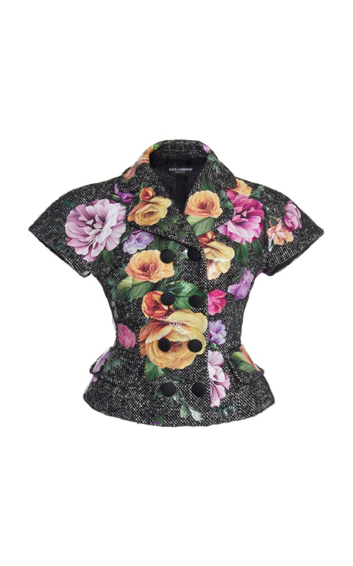 Dolce & Gabbana Short Sleeve Double-breasted Floral Print Tweed Jacket