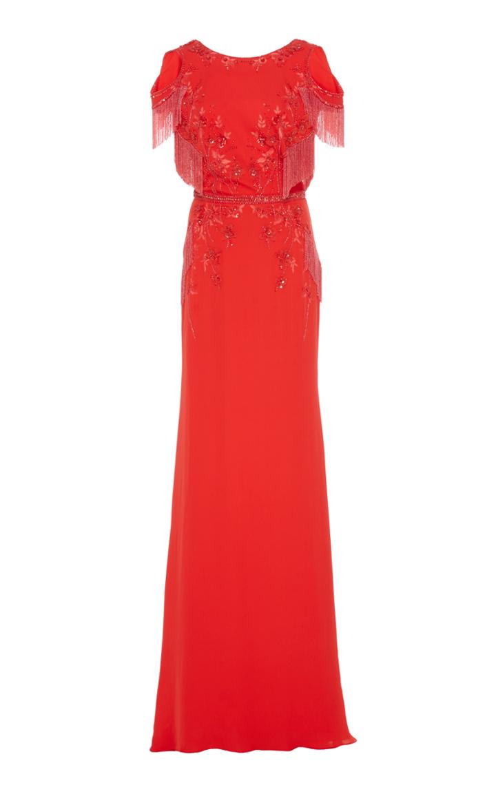 Pamella Roland Fringe Embroidered Georgette Gown