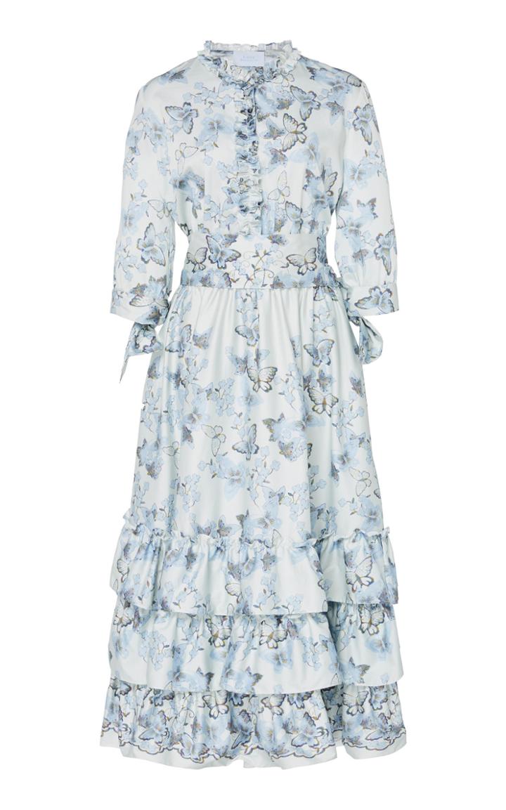 Luisa Beccaria Butterfly Tiered Cotton Blend Midi Dress