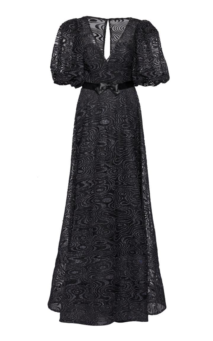 Elizabeth Kennedy Deep-v Neck Flocked Tulle Gown With Puff Sleeves