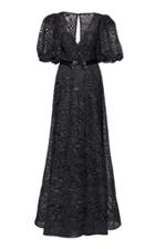 Elizabeth Kennedy Deep-v Neck Flocked Tulle Gown With Puff Sleeves