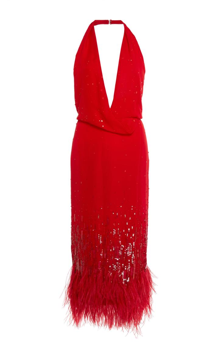Oscar De La Renta Silk Sequin Halter Dress With Feather Skirt