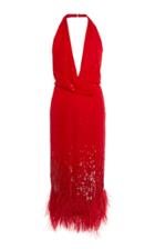 Oscar De La Renta Silk Sequin Halter Dress With Feather Skirt