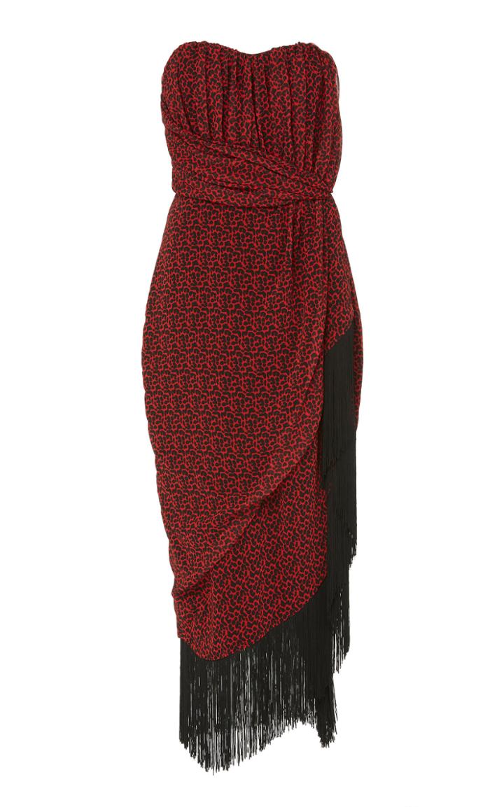 Semsem Strapless Leopard Fringe Dress