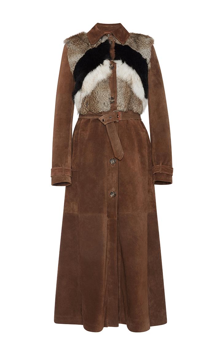 Red Valentino Suede Trench Coat With Fur Intarsia Vest