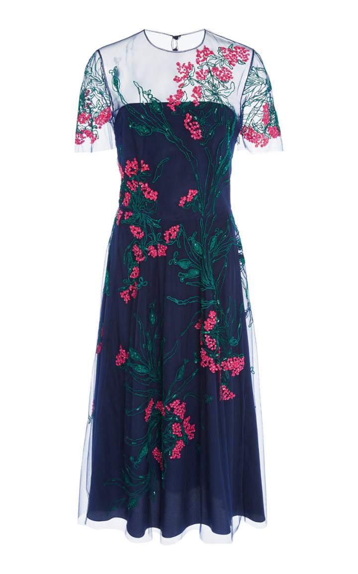 Carolina Herrera Short Sleeve Embroidered Knee Length Dress