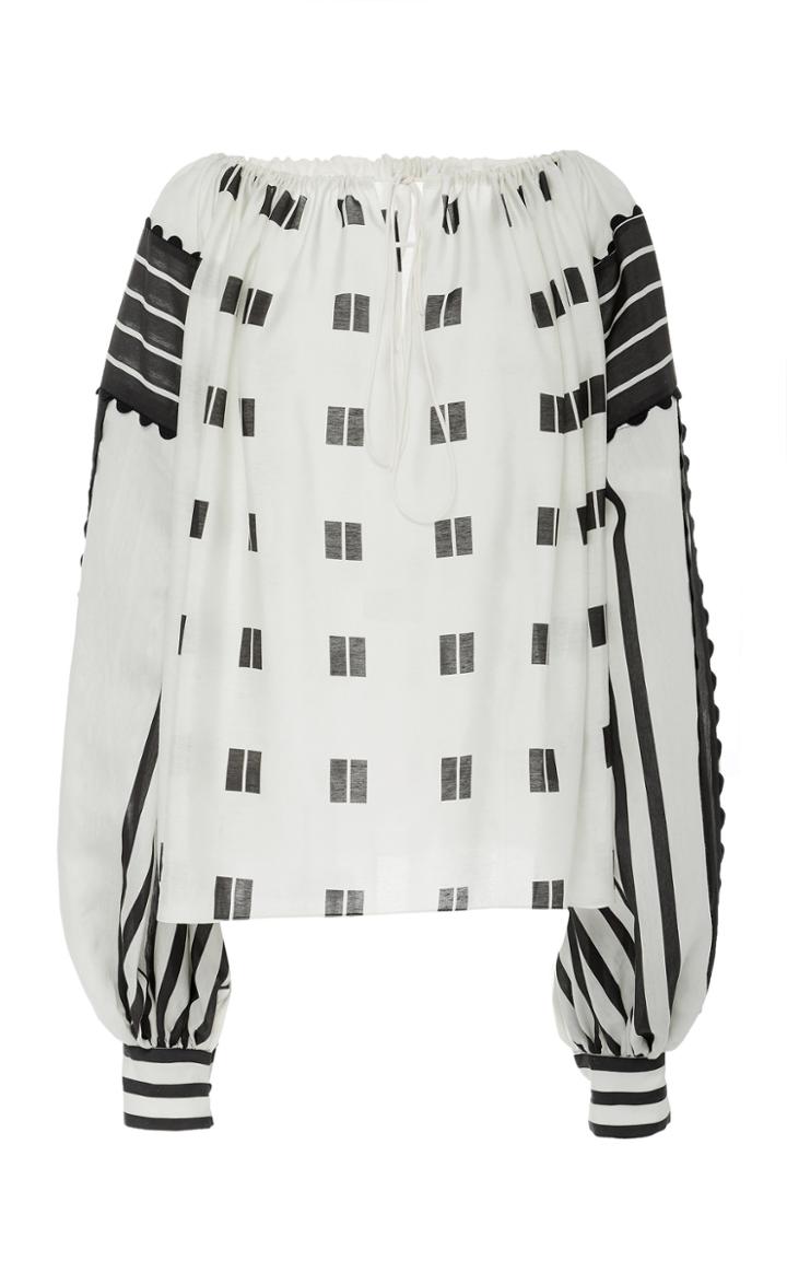 Oscar De La Renta Gathered Neck Puff Sleeve Printed Blouse