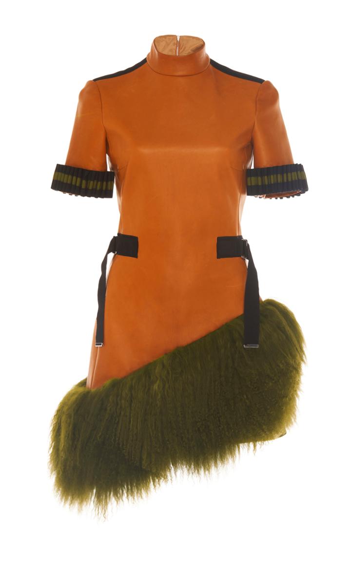 David Koma Mongolian Fur Hem Leather Dress