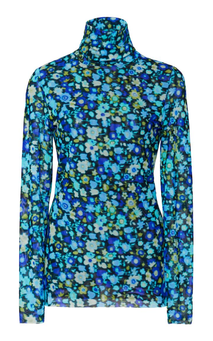 Ganni Floral-print Mesh Turtleneck Top