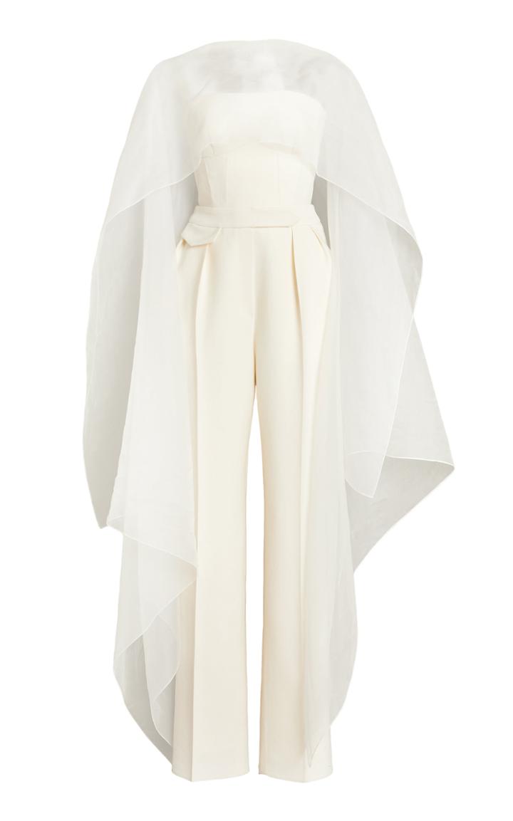 Moda Operandi Brandon Maxwell Strapless Wool-silk Jumpsuit With Chiffon Cape