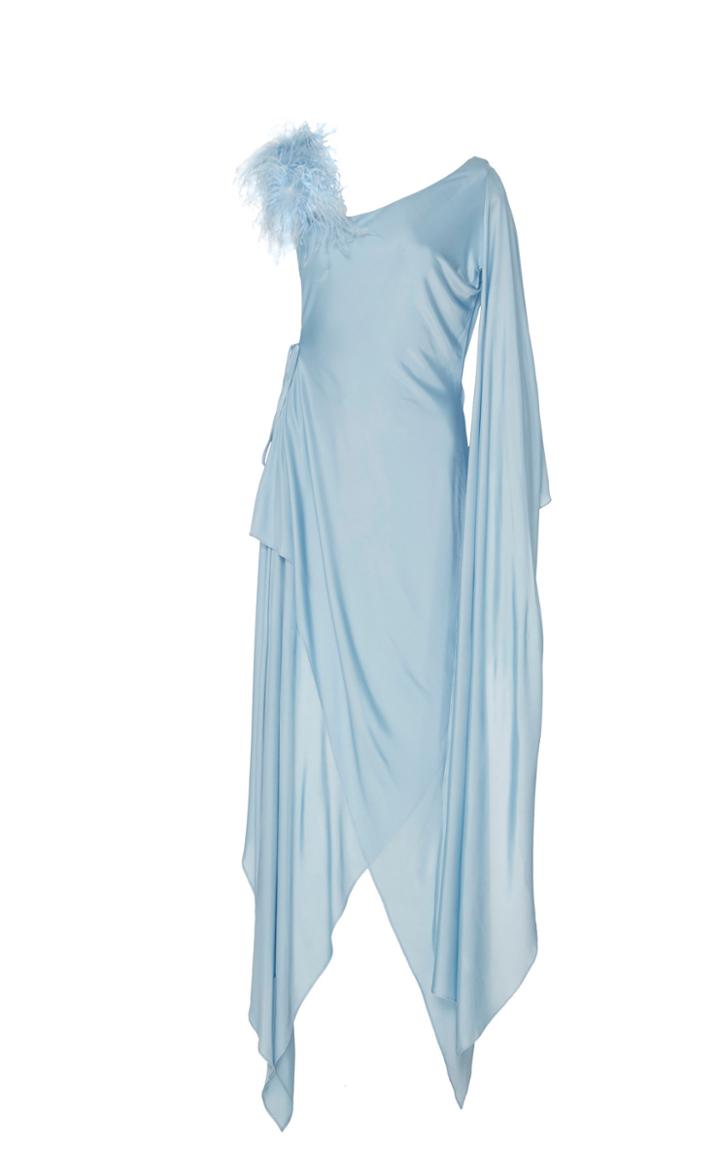 Cult Gaia Aliza Asymmetric Feather-embellished Silk-effect Dress