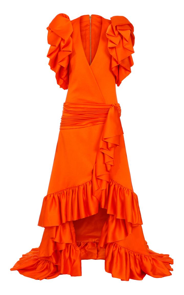 Moda Operandi Balmain Ruffled Satin Maxi Wrap Dress