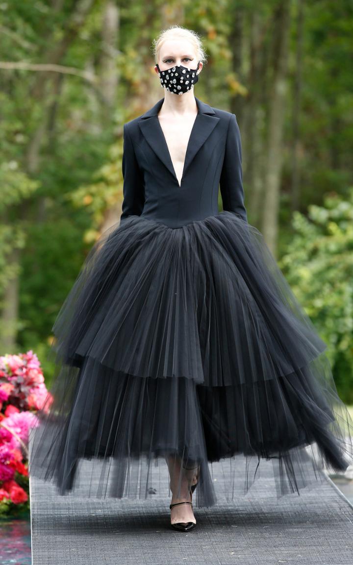 Moda Operandi Christian Siriano Tuxedo Bodice Pleated Tulle Tea Length Dress