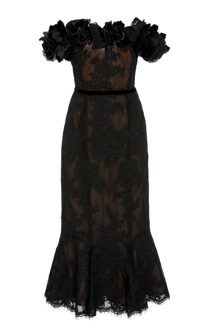 Marchesa Floral-appliqud Off-the-shoulder Lace Midi Dress