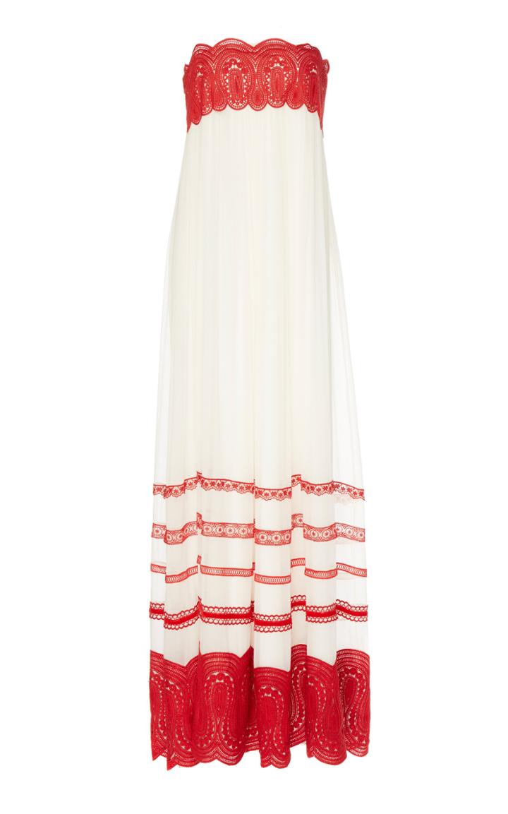 Costarellos Strapless Silk Chiffon And Lace Trim Dress