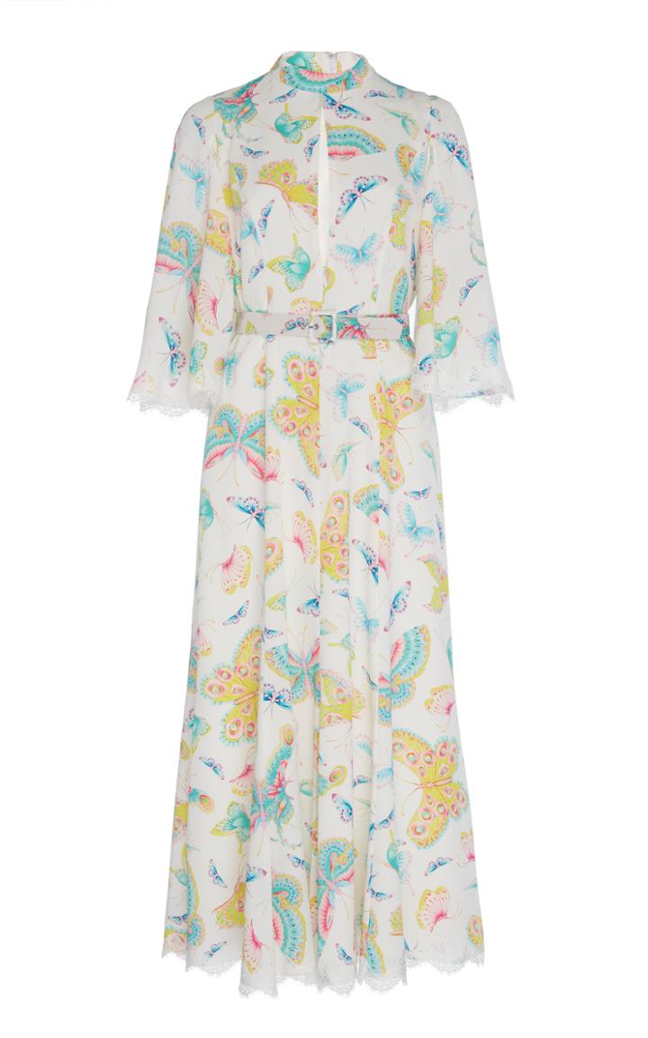 Andrew Gn Belted Butterfly Print Midi Dress