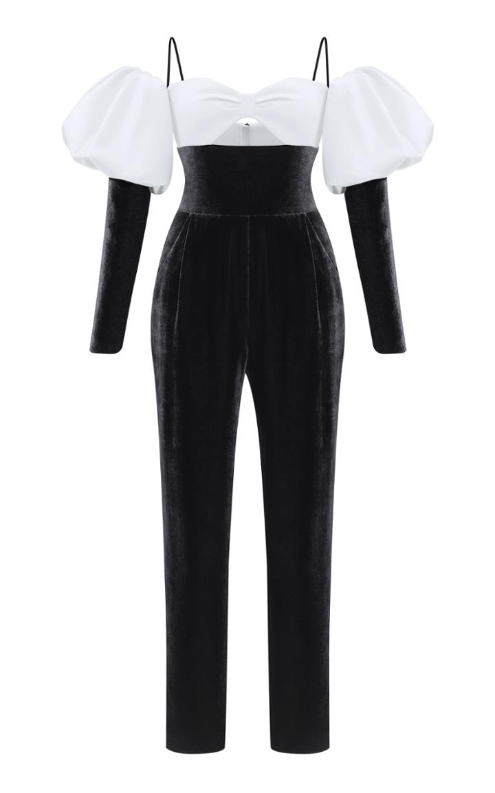 Rasario Puffed Sleeve Satin And Velvet Skinny-leg Jumpsuit