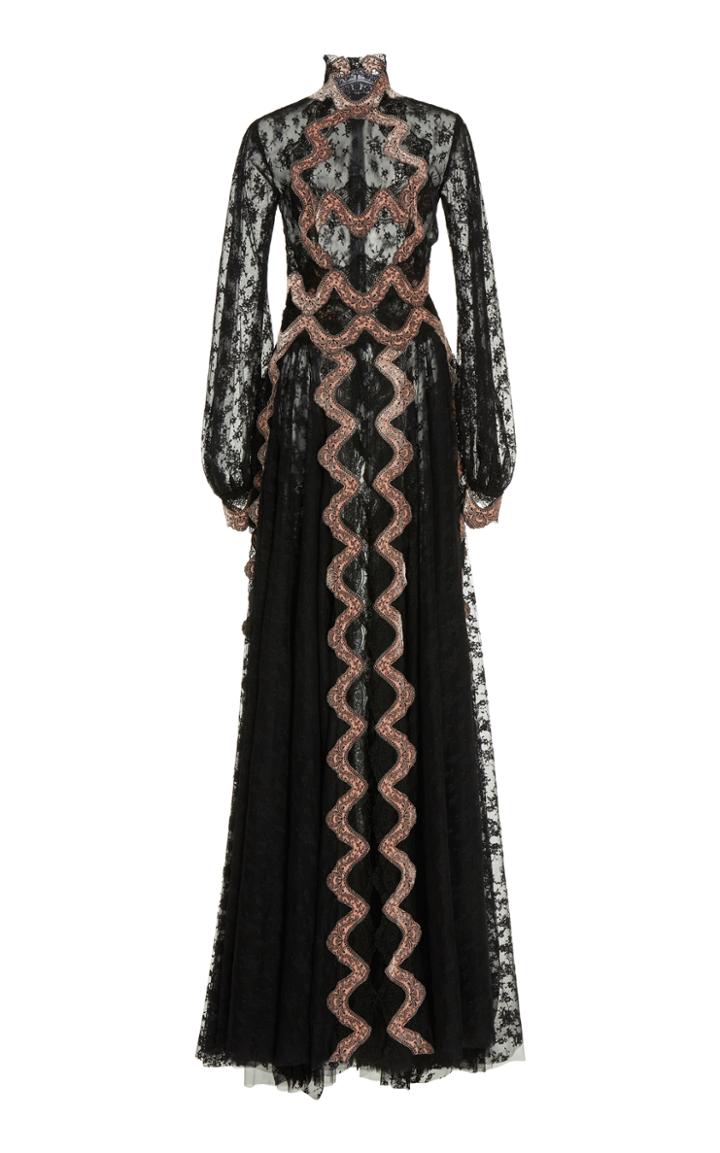 Costarellos Chantilly Lace Long Sleeve Gown