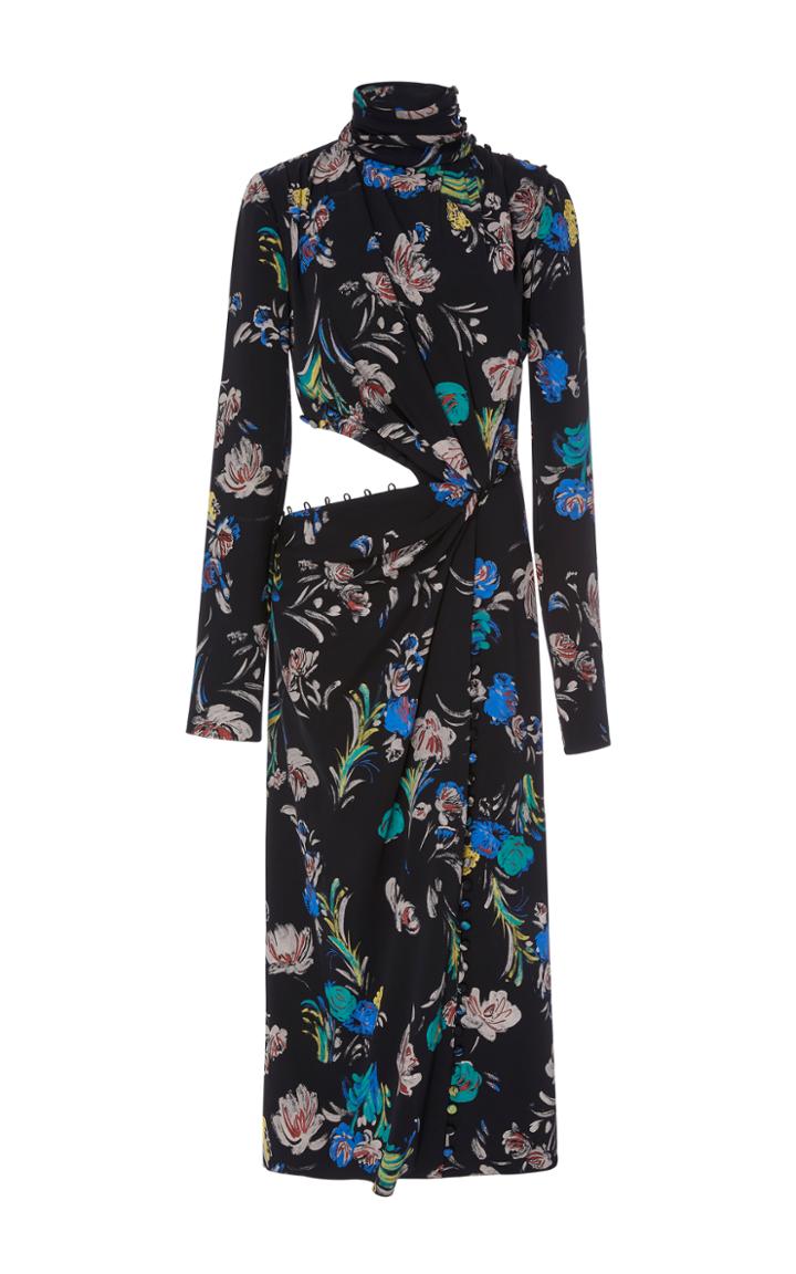 Prabal Gurung Printed Long Sleeve Silk Dress With Cutout