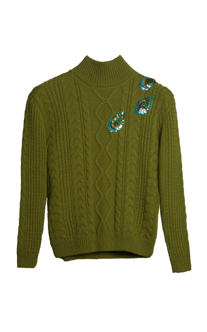 Yanina Demi Couture Embellished Cable Knit Turtleneck