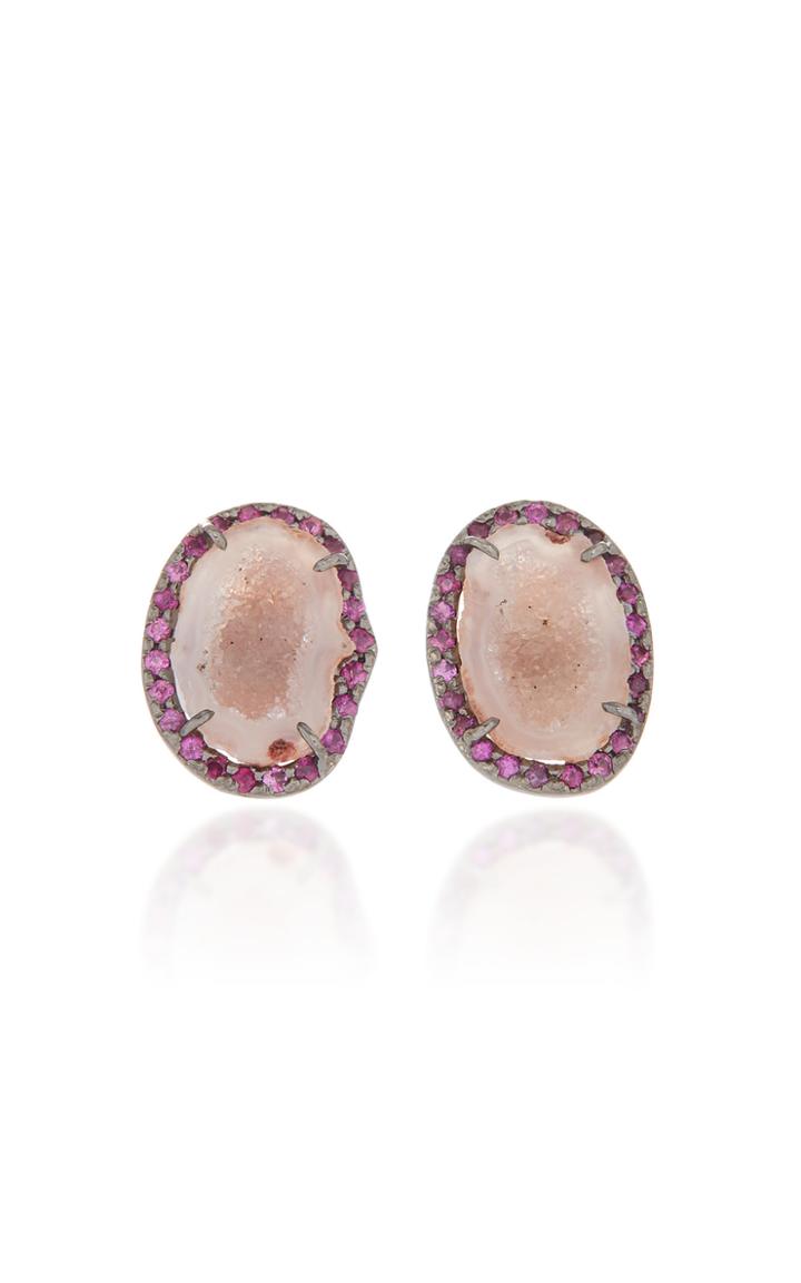 Kimberly Mcdonald One-of-a-kind Light Pink Geode Studs With Pink Sapphires Set In 18k White Gold With Black Rhodium