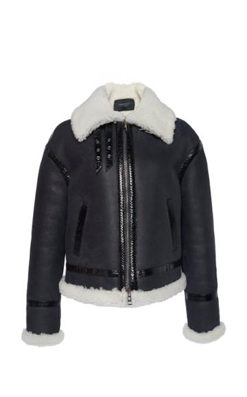 Giambattista Valli Leather Aviator Jacket With Shearling Collar And Water Snake Trim