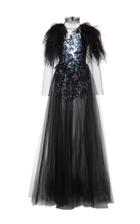 Monique Lhuillier Long Sleeve Embroidered Gown With Feathers