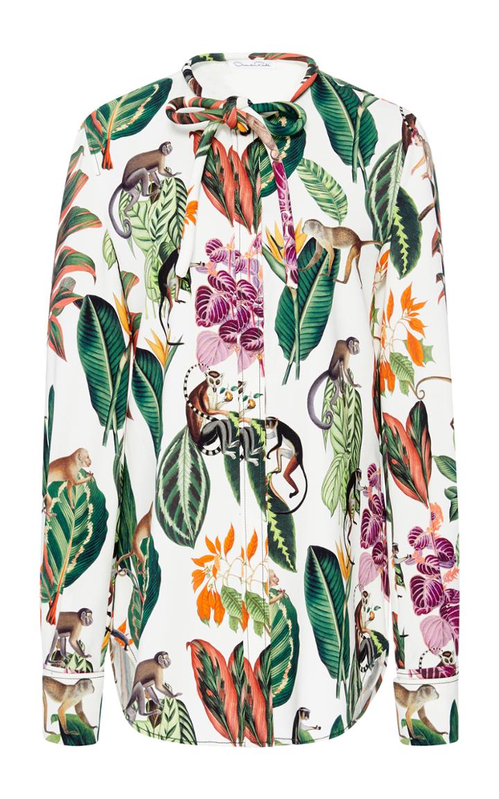 Oscar De La Renta Jungle Print Tie Neck Blouse
