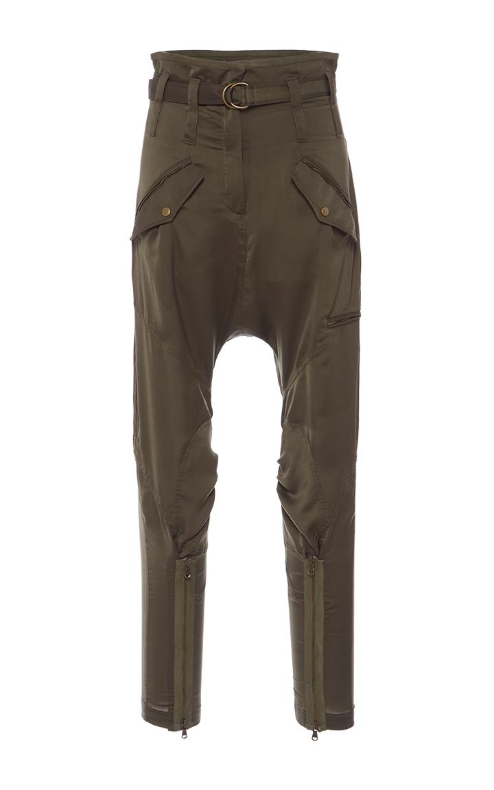 Roberto Cavalli Military Green Polyester Matte Satin Trousers