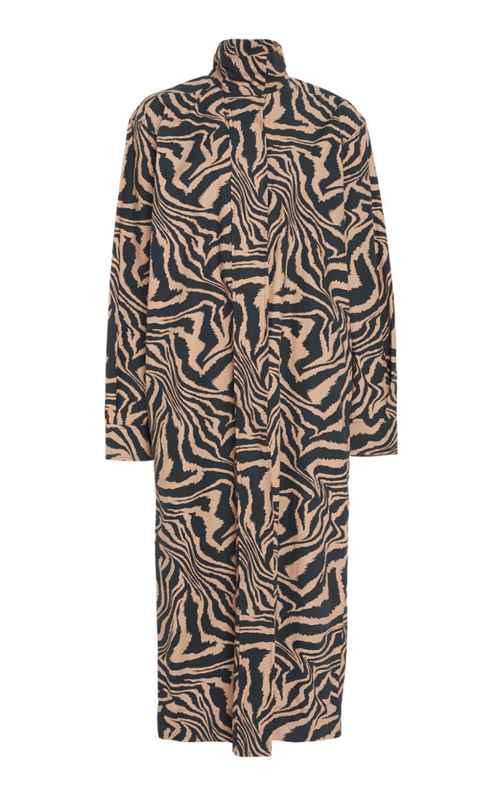 Ganni Leopard Mock Neck Poplin Midi Dress